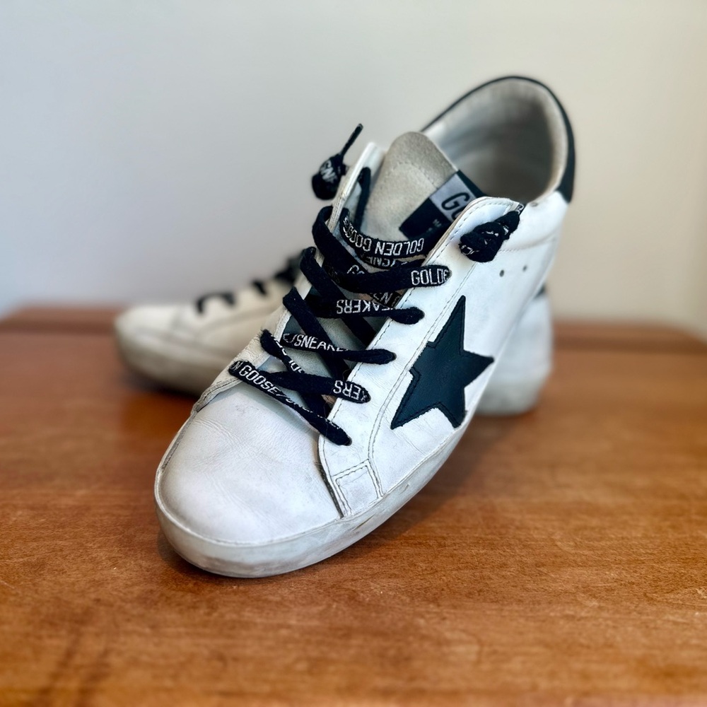 Golden Goose Super Star White Sneakers with Black Star and Laces